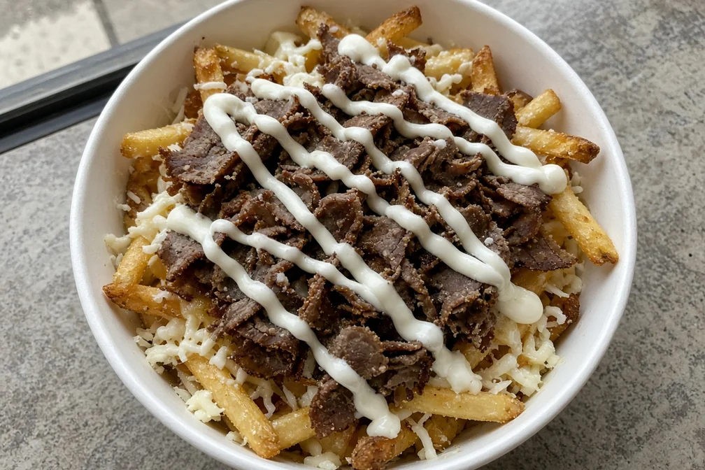 Donair poutine: fries with cheese, donair beef and sweet donair sauce in a white bowl