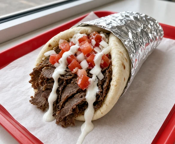 Donair in a foil-wrapped pita with donair beef, diced tomatoes, onions and sweet donair sauce
